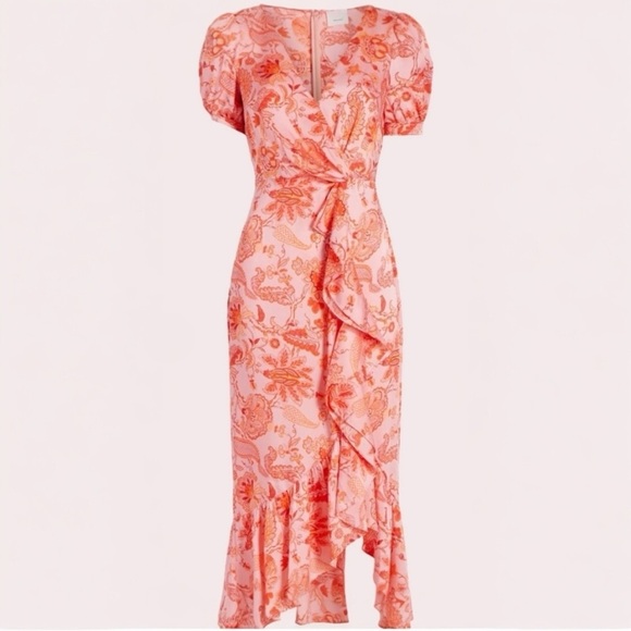 CINQ A SEPT Kay Faux Wrap Floral Print Short Flutter Sleeve MIDI Cocktail Dress - Picture 9 of 15